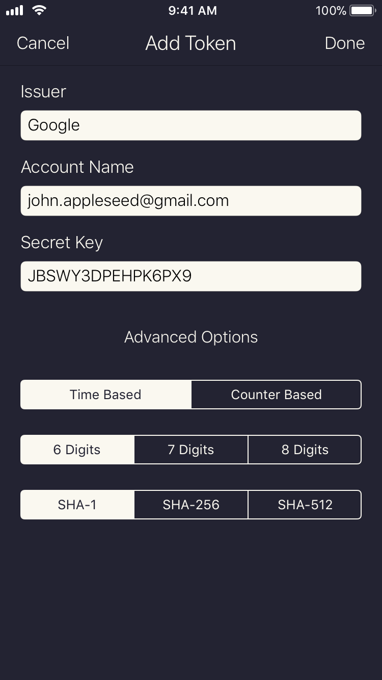 Screenshot of the Authenticator token entry form